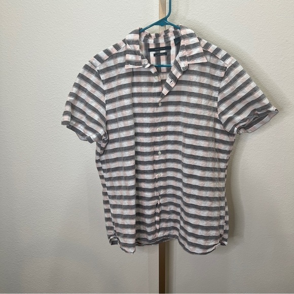 Perry Ellis Other - Perry Ellis short sleeve button down Linen Blend Grey White Pink Plaid Large
